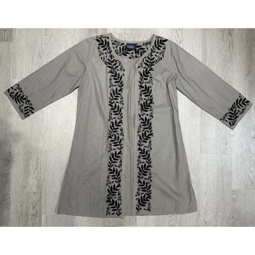 Madison Mathews Linen Embroidered Kimono Cardigan Women's Size Small Floral Gray